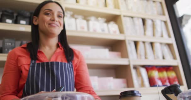 Video Hands Biracial Man Paying Smartphone Coffee Coffee Bistro Shop — Stock Video