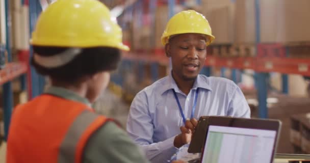 Lavoratrici Afroamericane Uomini Donne Che Indossano Casco Usano Portatile Magazzino — Video Stock