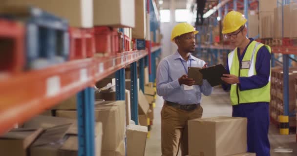Verscheidene Mannelijke Werknemers Dragen Veiligheidspakken Praten Magazijn Wereldwijde Handel Scheepvaart — Stockvideo