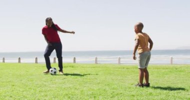 Mutlu Afro-Amerikan baba ve oğlunun açık havada futbol oynayıp eğlendiği bir video. Aile, birliktelik, birlikte dışarıda kaliteli zaman geçirmek..