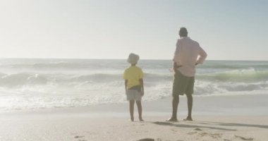 Kıdemli Afro-Amerikan adam ve torunu güneşli sahilde duruyor. sağlıklı, aktif emeklilik plaj tatili.