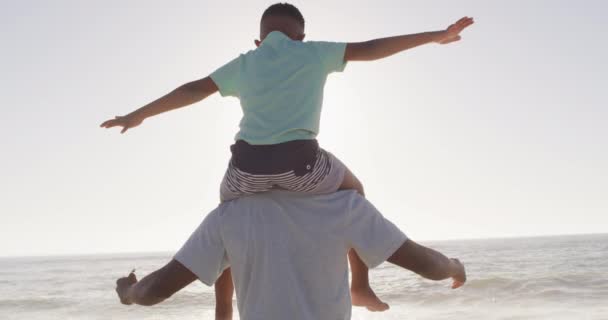 African American Father Carrying Son Arms Wide Sunny Beach Healthy — Vídeo de stock