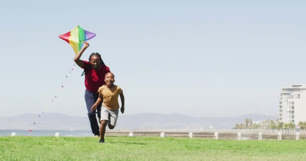 Video Feliz Afroamericano Padre Hijo Corriendo Divirtiéndose Con Cometa Aire — Vídeos de Stock
