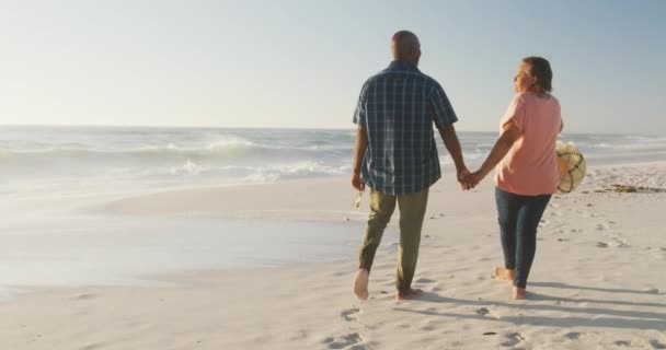笑顔のシニアアフリカ系アメリカ人のカップルの手を握り 日当たりの良いビーチを歩く 健康的で活発な退職ビーチの休日 — ストック動画