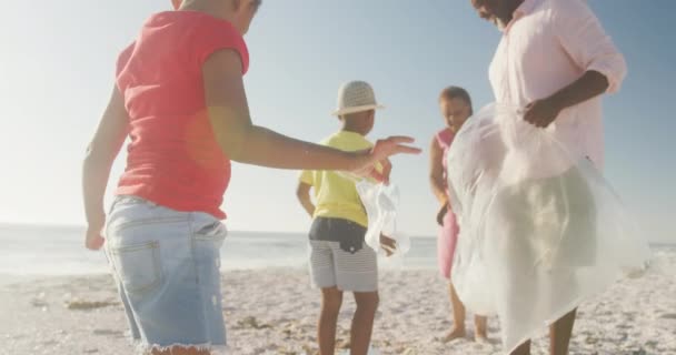 Senior Africký Americký Pár Vnoučaty Oddělující Odpad Slunné Pláži Zdravá — Stock video