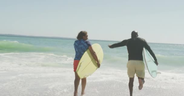 Äldre Afrikanskt Amerikanskt Par Som Springer Med Surfbrädor Solig Strand — Stockvideo