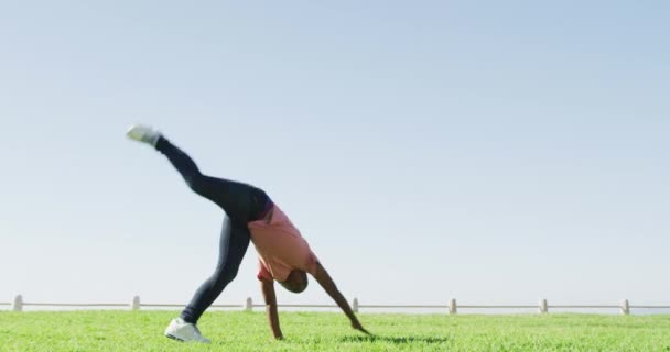 Video Happy African American Boy Doing Cartwheel Outdoors Childhood Freedom — Vídeos de Stock