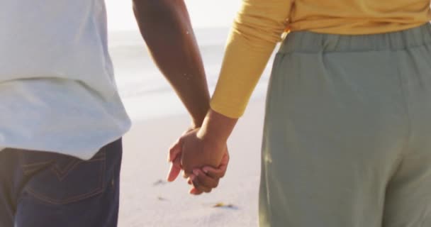 在阳光灿烂的海滩上散步和牵着手的非洲裔美国夫妇 积极的家庭海滩假期 — 图库视频影像