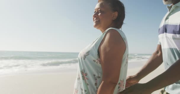 Portrét Usměvavého Staršího Afroamerického Páru Objímajícího Slunné Pláži Zdravá Aktivní — Stock video