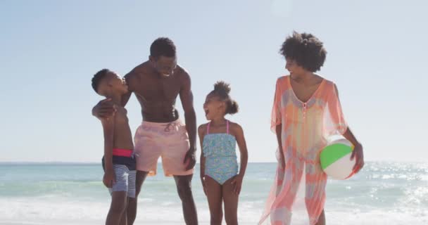 晴れたビーチで受け入れるアフリカ系アメリカ人の家族の笑顔の肖像画 健康的で活動的な家族のビーチホリデー — ストック動画