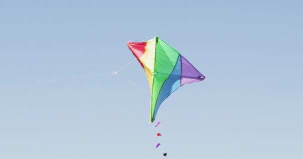 Çok Renkli Uçurtmanın Rüzgarda Yüksekten Uçtuğunun Videosu Çocukluk Özgürlük Eğlence — Stok video