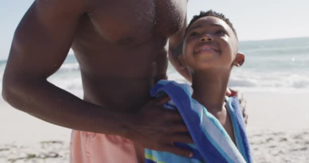 Sonriente Padre Afroamericano Toallando Hijo Playa Soleada Vacaciones Playa Familiares — Vídeo de stock
