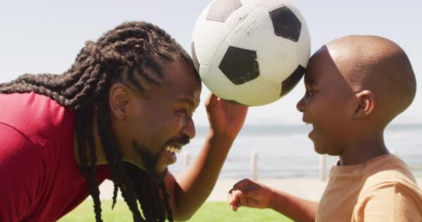 Video Happy African American Father Son Having Fun Ball Outdoors — Vídeo de stock