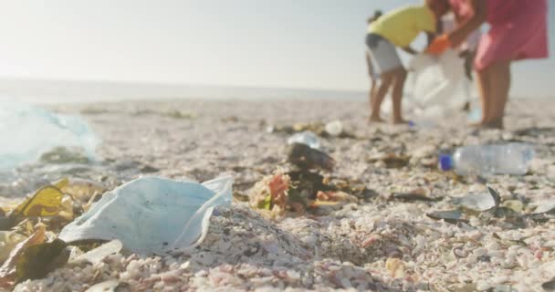 Pareja Afroamericana Mayor Con Nietos Segregando Residuos Playa Soleada Saludable — Vídeo de stock