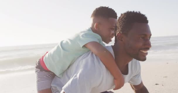 Retrato Pai Afro Americano Sorridente Carregando Filho Praia Ensolarada Saudável — Vídeo de Stock