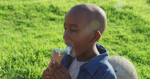 Wideo Szczęśliwego Afrykańskiego Chłopca Jedzącego Lody Trawie Słoneczny Dzień Dzieciństwo — Wideo stockowe