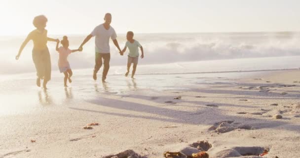 Sorrindo Família Afro Americana Andando Mãos Dadas Praia Ensolarada Saudável — Vídeo de Stock