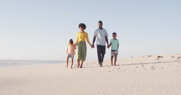 Sorrindo Afro Americano Mãos Dadas Caminhando Praia Ensolarada Saudável Férias — Vídeo de Stock