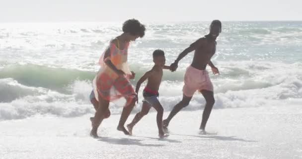 Sorrindo Família Afro Americana Mãos Dadas Correndo Praia Ensolarada Saudável — Vídeo de Stock