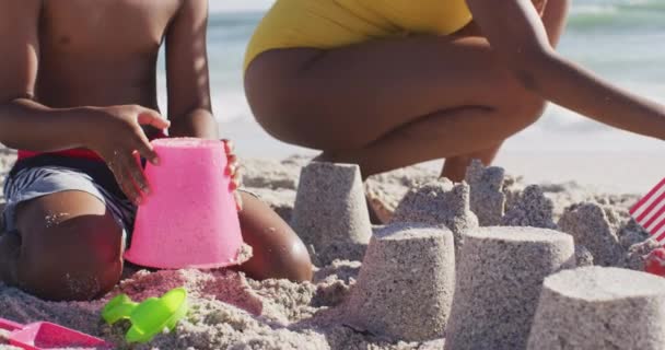 Smiling African American Son Mother Building Sandcastle Sunny Beach Healthy — Vídeo de stock