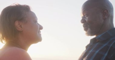 Gülümseyen kıdemli Afro-Amerikan çifti güneşli sahilde birbirlerine bakıyor. sağlıklı, aktif emeklilik plaj tatili.