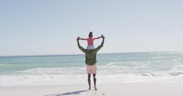 Pai Afro Americano Carregando Filha Com Braços Largos Praia Ensolarada — Vídeo de Stock