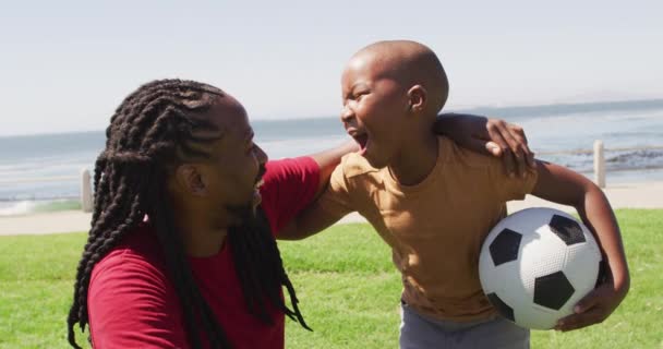 Afro Amerikan Baba Oğlunun Dışarıda Top Oynarken Çekilmiş Mutlu Videoları — Stok video