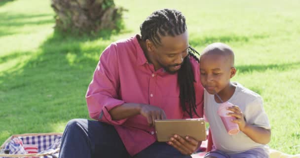 Mutlu Afro Amerikan Baba Oğlunun Açık Havada Piknik Yapıp Tablet — Stok video