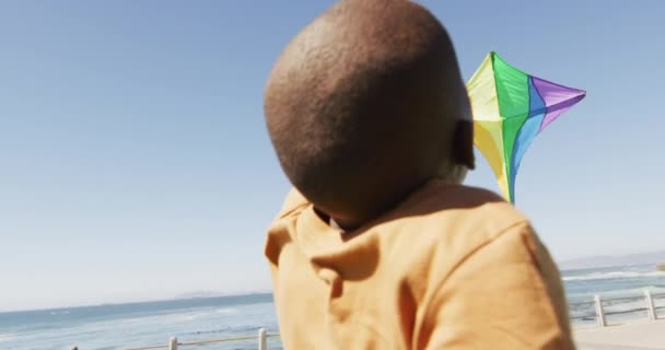 Mutlu Afrikalı Amerikalı Bir Çocuğun Uçurtmayla Eğlendiği Plajda Koştuğu Bir — Stok video
