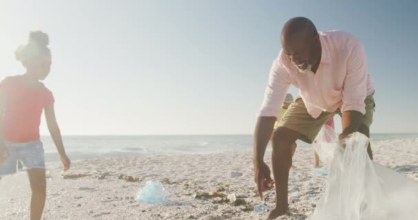 シニアアフリカ系アメリカ人のカップルで 孫たちが日当たりの良いビーチでゴミを集めています 健康的で活発な退職ビーチの休日 — ストック動画