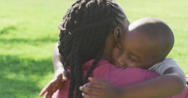 Mutlu Afro Amerikan Baba Oğlunun Çimlerin Üzerinde Piknik Yaptığı Sarıldıkları — Stok video