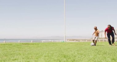 Mutlu Afro-Amerikan baba ve oğlunun açık havada futbol oynayıp eğlendiği bir video. Aile, birliktelik, birlikte dışarıda kaliteli zaman geçirmek..