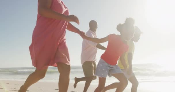 晴れたビーチで孫と一緒に走っているアフリカ系アメリカ人の高齢者の笑顔 健康的で活発な退職ビーチの休日 — ストック動画
