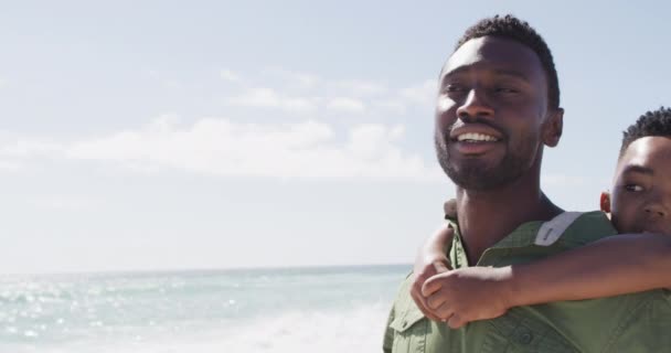 Smiling African American Father Son Embracing Sunny Beach Healthy Active — Vídeos de Stock