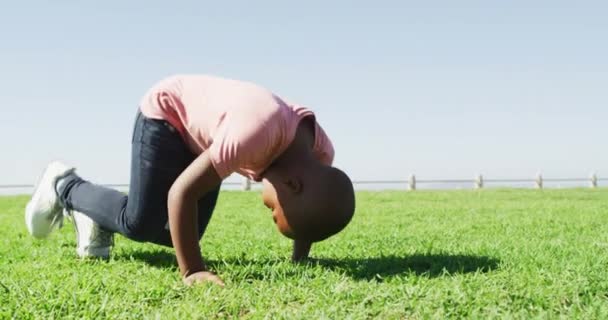 Video Happy African American Boy Doing Rolls Meadow Childhood Freedom — Stock Video