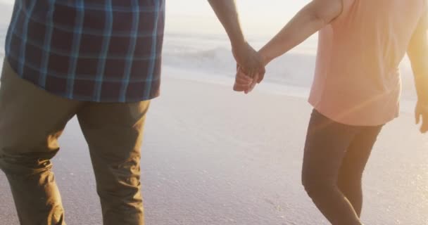 Een Afrikaans Stel Dat Elkaars Hand Vasthoudt Het Zonnige Strand — Stockvideo