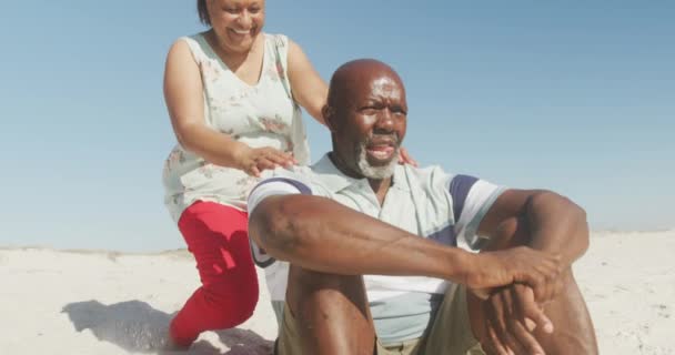 Glimlachend Senior Afrikaans Amerikaans Koppel Omhelzend Kijkend Naar Zee Zonnig — Stockvideo