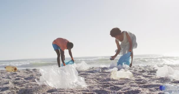 African American Couple Segregating Waste Together Dirty Sunny Beach Healthy — Stock videók