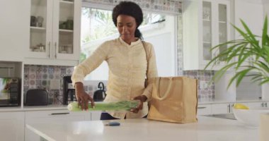 Afro-Amerikalı bir kadının mutfak poşetlerini açarken çekilmiş videosu. Yaşam tarzı, ev hayatı, evde boş zaman geçirmek..