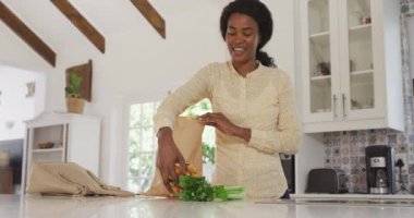 Mutfakta paketleri boşaltan mutlu Afro-Amerikan kadın videosu. Yaşam tarzı, ev hayatı, evde boş zaman geçirmek..