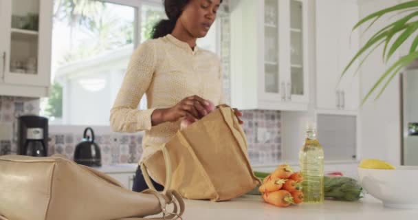 Video Midsection African American Woman Unpacking Groceries Kitchen Lifestyle Household — Αρχείο Βίντεο