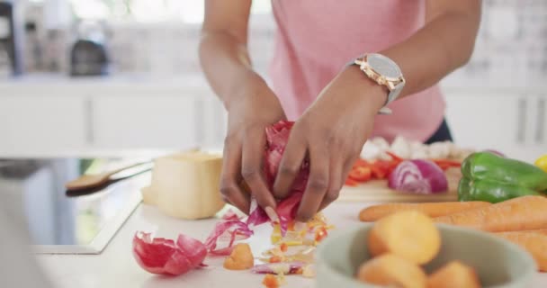 Video Manos Mujer Afroamericana Preparando Comida Cocina Estilo Vida Hogar — Vídeo de stock