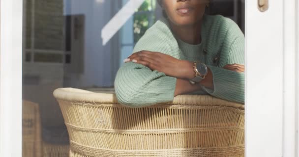 Video Sad African American Woman Looking Window Lifestyle Spending Free — Video