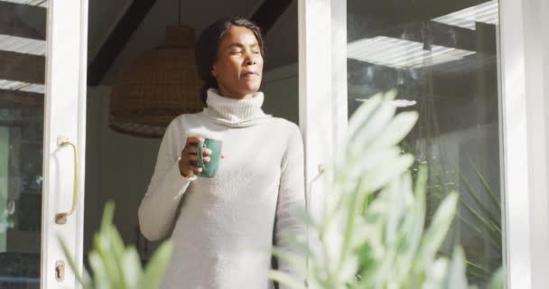 Videó Boldog Nyugodt Afro Amerikai Nőről Aki Kávét Iszik Teraszon — Stock videók