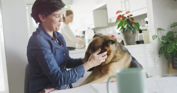 Vit Kvinna Leker Hund Vardagsrummet Hemma Husdjur Kärlek Och Vård — Stockvideo