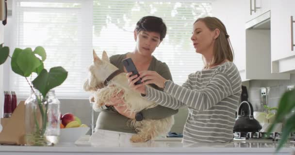 自宅でスマホを使って犬を抱えている白人レズビアンカップル Lgbt関係とライフスタイルの概念 — ストック動画