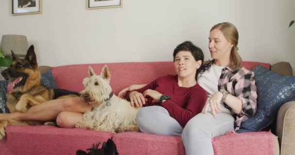 Белая Лесбийская Пара Разговаривает Друг Другом Сидя Диване Своей Собакой — стоковое видео