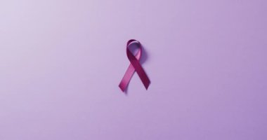 Mavi arka planda mor pankreas kanseri kurdelesinin yakın çekim videosu. küresel tıp ve sağlık konsepti.