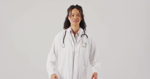 Video Portrait Smiling Biracial Female Doctor White Background Global Medicine — стоковое видео