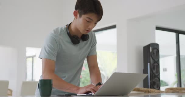 Asijské Dospívající Muž Pomocí Notebooku Nošení Sluchátek Obývacím Pokoji Trávit — Stock video